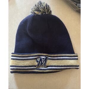 New Era Milwaukee Brewers Knit Beanie Pom Hat MLB Navy Gold One Size